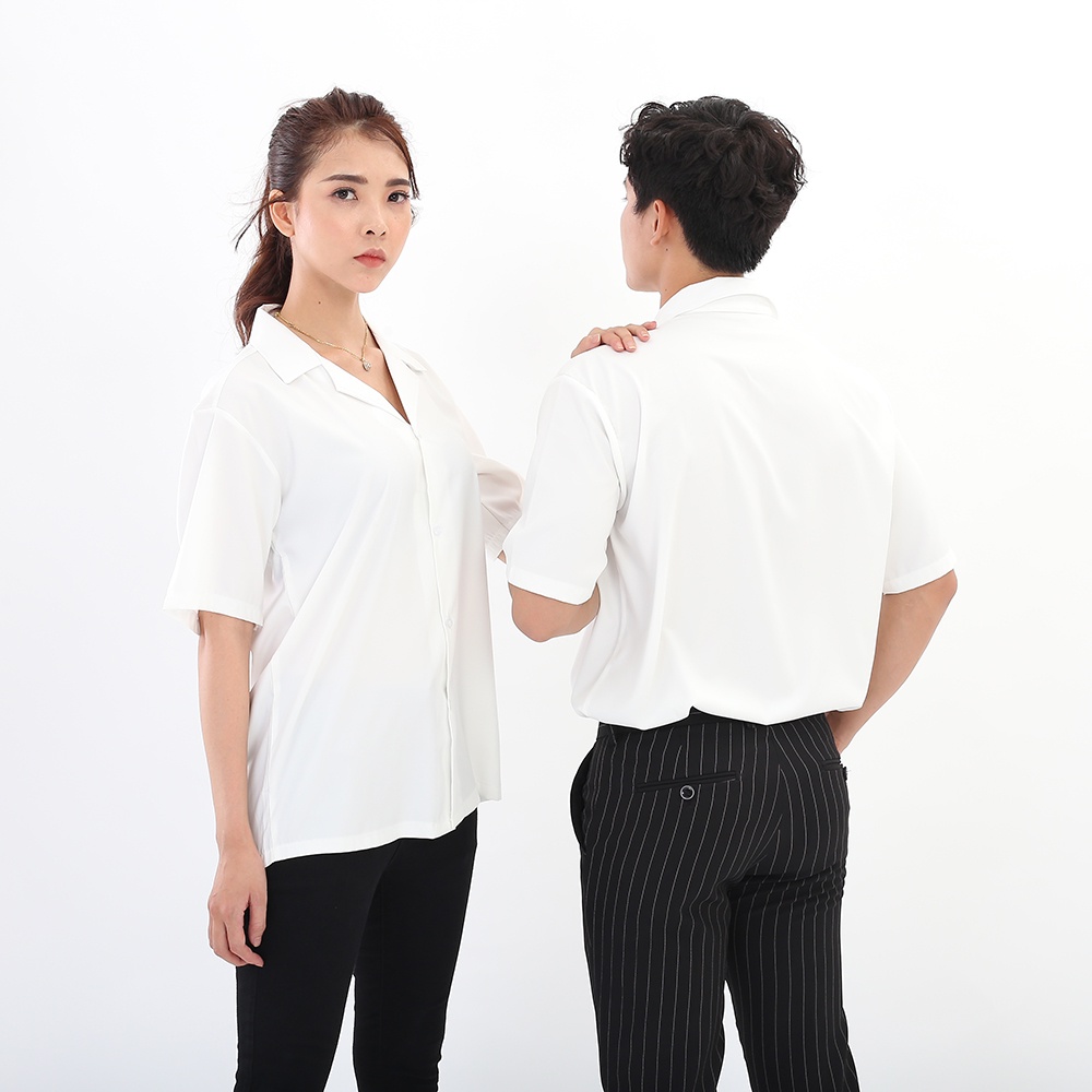 Áo sơ mi ngắn tay Trắng cổ Vest BOTEE vải lụa mềm mại form rộng unisex nam nữ