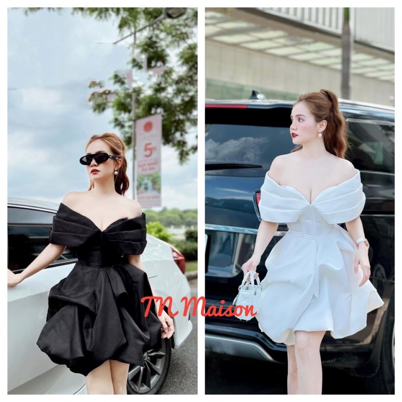 VÁY/ĐẦM DỰ TIỆC CÚP NGỰC TAY XẾP TRỄ VAI VÀ CHÂN VÁY XOÈ PHỒNG 2 MÀU TRẮNG ĐEN SANG CHẢNH