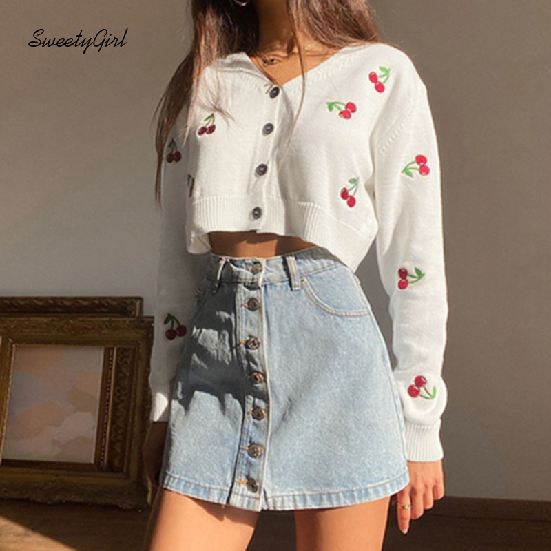 Áo cardigan dệt kim tay dài cổ chữ V thêu hình quả cherry xinh xắn