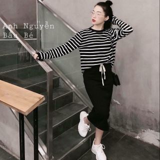 [hàng mới] SET ÁO THUN TAY DÀI + CHÂN VÁY BÚT CHÌ BASIC KIỂU DÁNG ÁO THUN TAY DÀI KẺ SỌC CHẤT ĐẸP