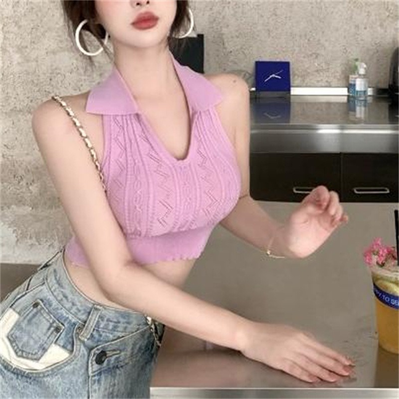 Áo Thun Cổ POLO Không Tay Dệt Kim Màu Trơn Thời Trang Mùa Hè Phong Cách Mới Cho Nữ