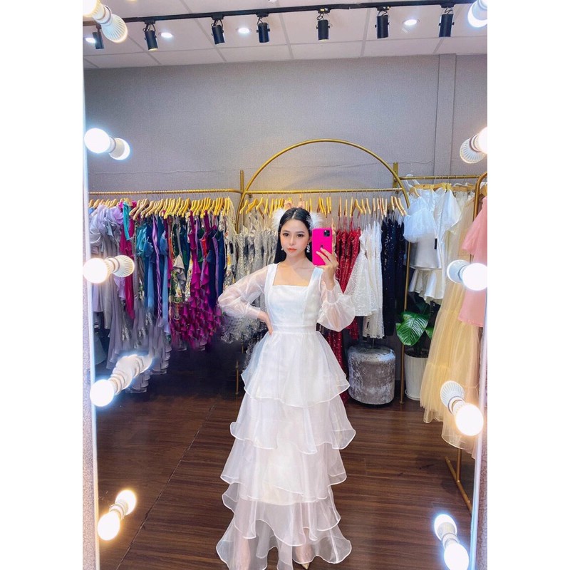 đầm maxi dạ hội tay dài tầng