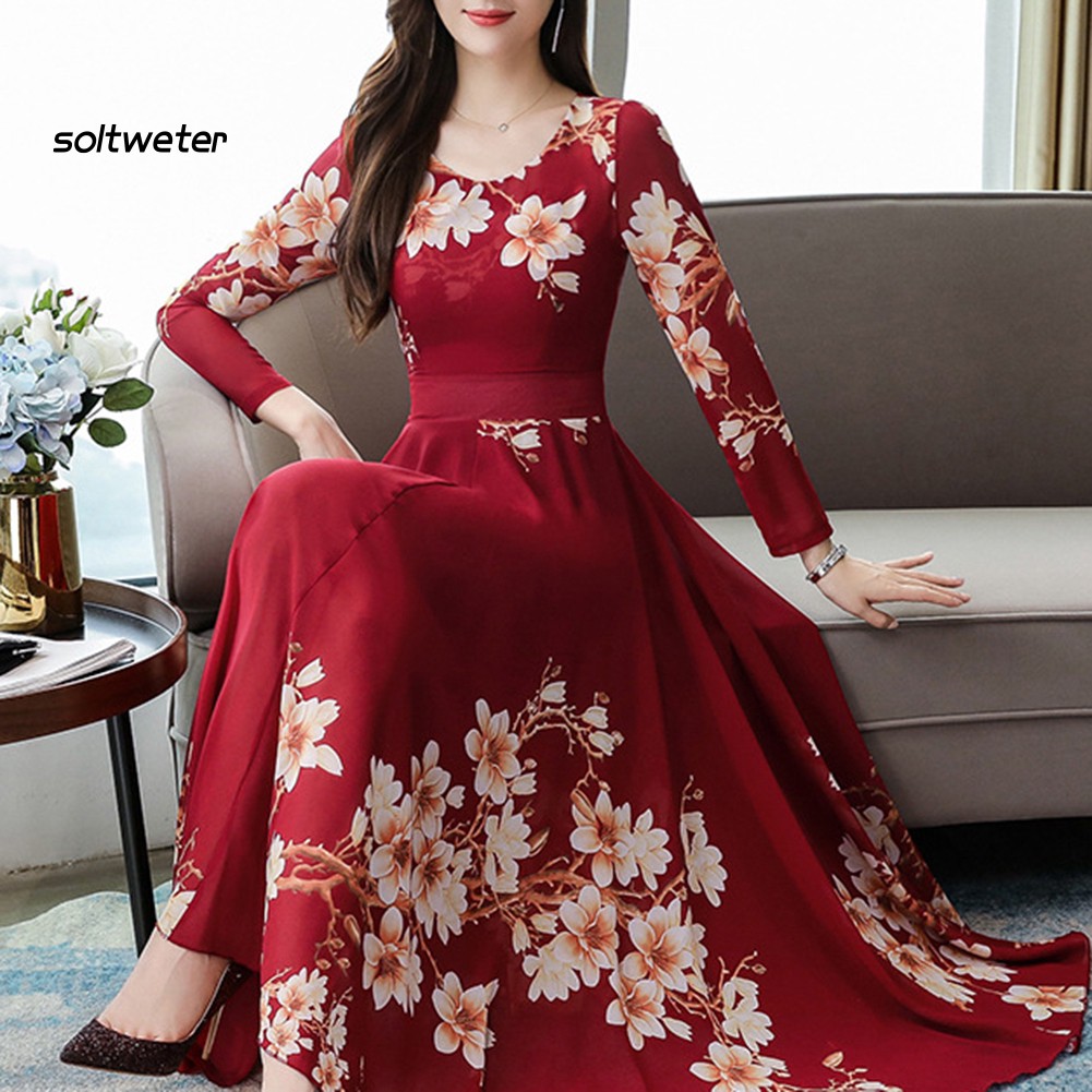 Đầm Maxi Hoa Tay Dài Cổ Tròn Thời Trang Dành Cho Nữ