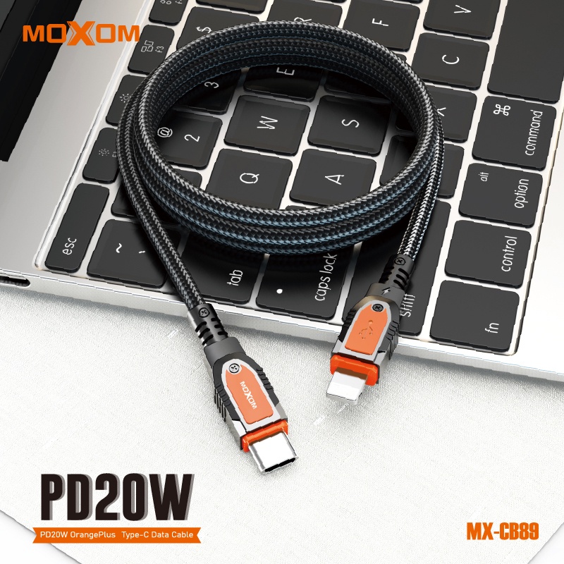Dây sạc nhanh 20W MOXOM CB89 OrangePlus PD 3.0 cổng Type-C to L dùng cho 14 13 12 11 xsmax, dài 1m