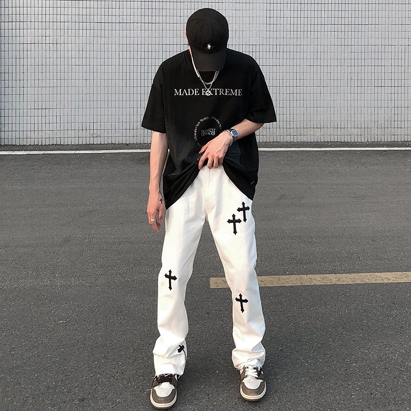 Quần ống Rộng Unisex nam nữ cao cấp - mềm Thêu Chữ THập- quần bò ống đứng