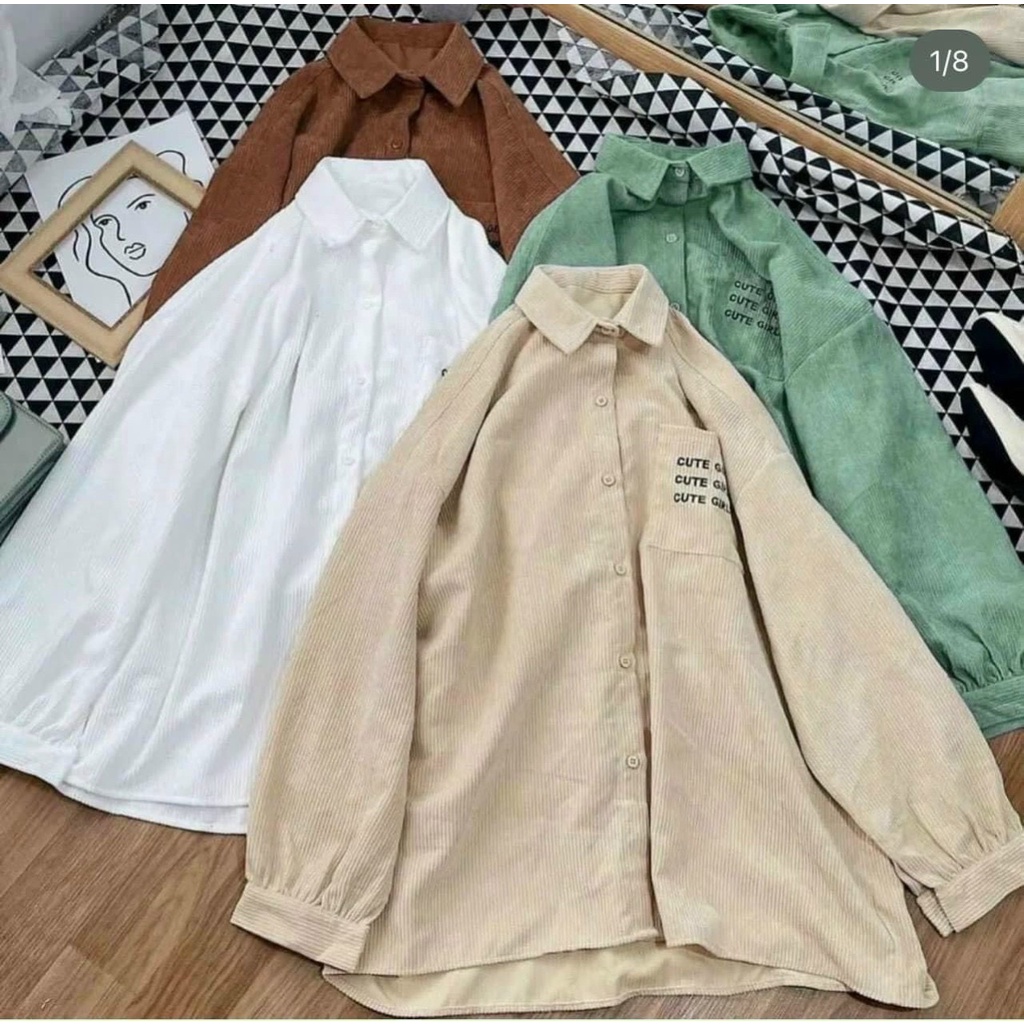 Áo khoác sơ mi nhung tăm in chữ form rộng, chất xịn xò nam nữ mặc đẹp