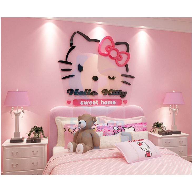 Tranh dán tường mica 3d decor khổ lớn hello kitty trang trí mầm non, mẫu giáo, phòng cho bé