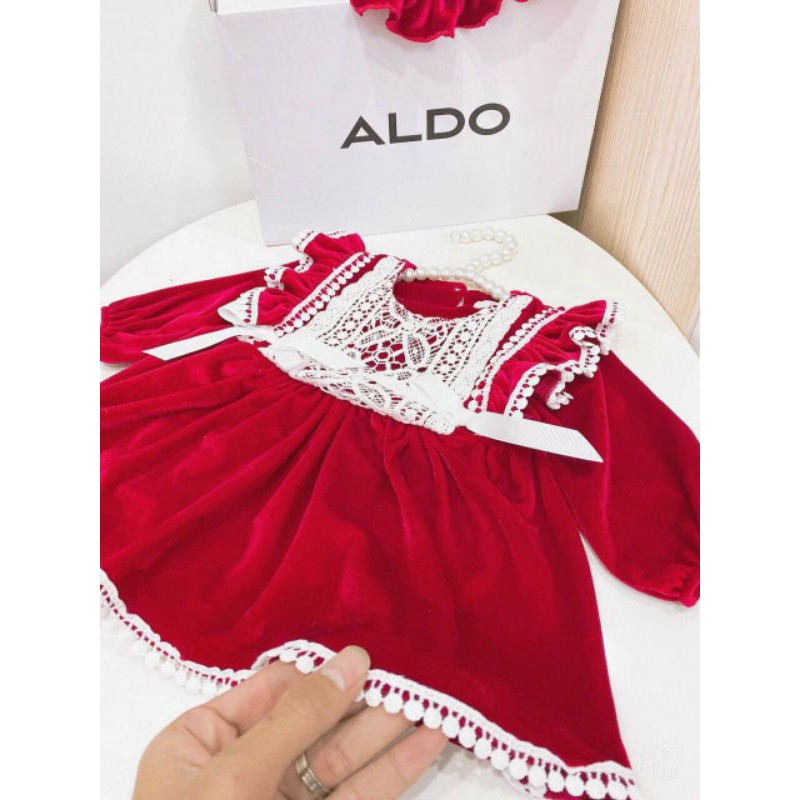 Váy nhung đỏ họa tiết ren hạt kèm mũ siêu đẹp cho bé gái 0-24m