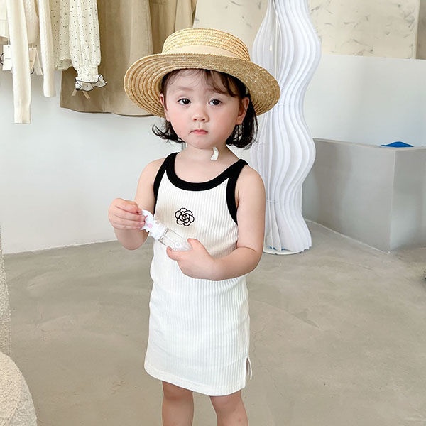 Đầm Hai Dây Mỏng Co Giãn Họa Tiết Hoa Trà Mùa Hè Đáng Yêu Cho Bé Gái