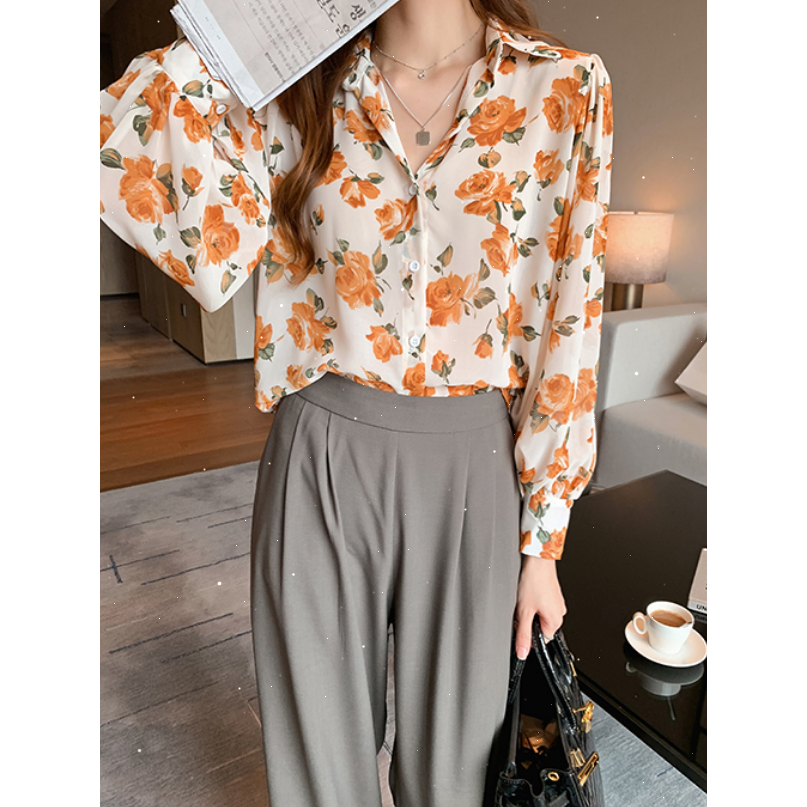 SUXI Áo Sơ Mi Chiffon Tay Dài Dáng Rộng In Hoa Kiểu Retro Xinh Xắn Cho Nữ