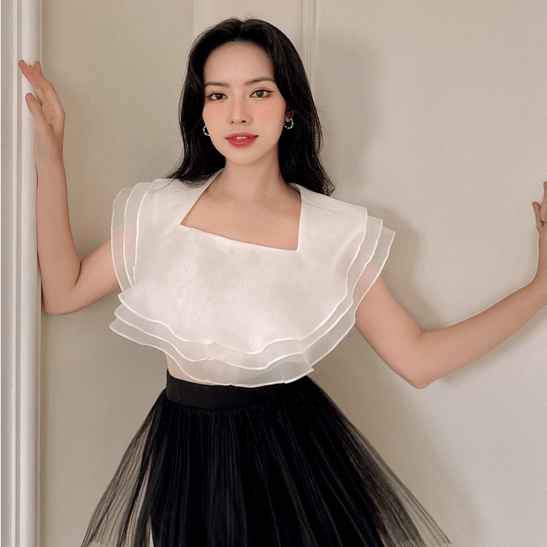 RECHIC Áo Kiểu Oriana cổ vuông kiểu bèo tầng choàng vai chất voan Hàn dễ thương xinh xắn đi chơi đi làm đi tiệc