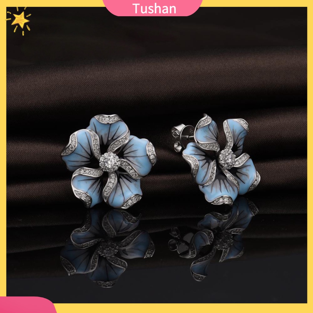 TUSH Women Cubic Zirconia Inlaid Enamel Flower Ear Stud Earrings Wedding Jewelry Gift