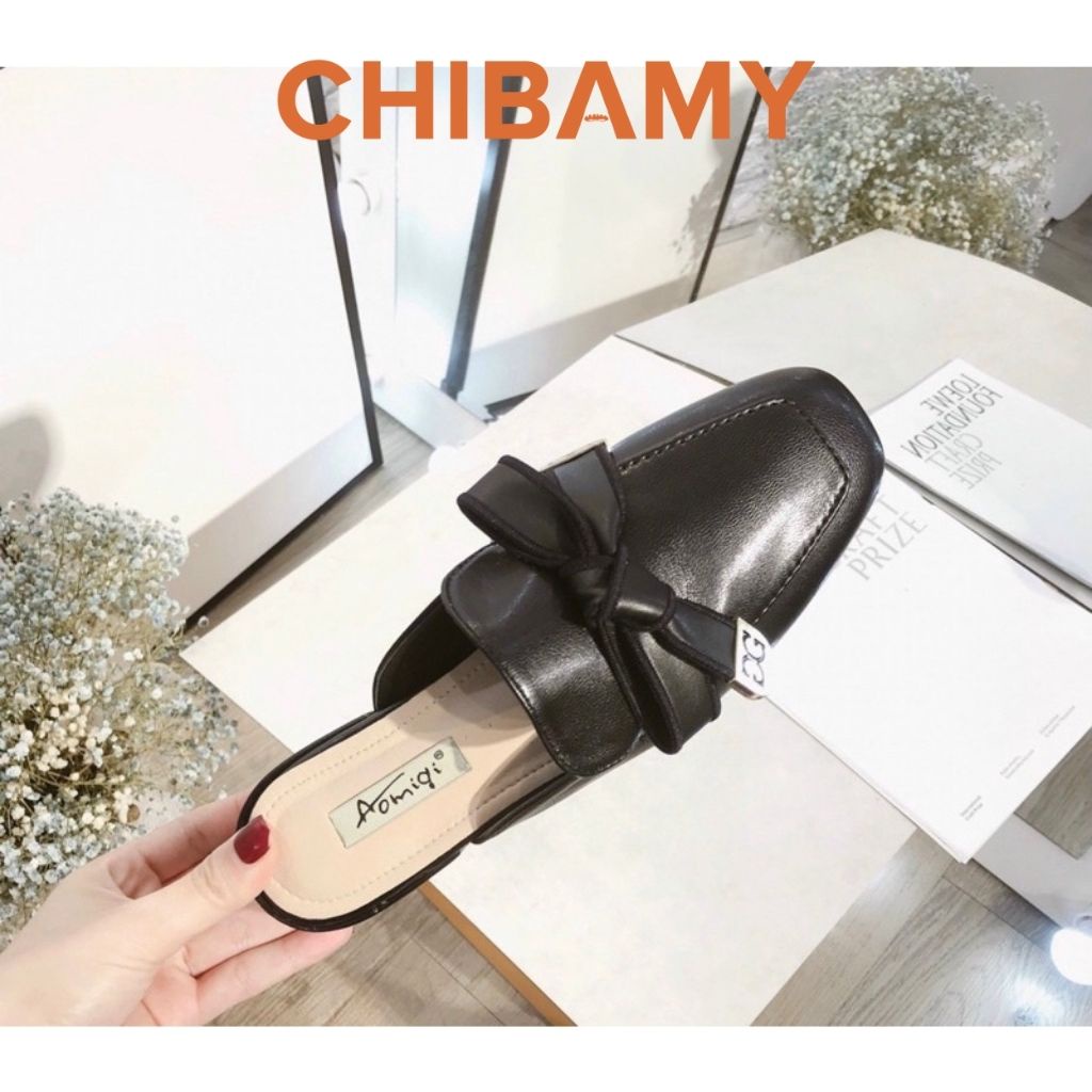 Giày Sục nữ DG mũi vuông CHIBAMY chất da mềm thắt nơ phong cách nhẹ nhàng, sang chảnh đế 2cm