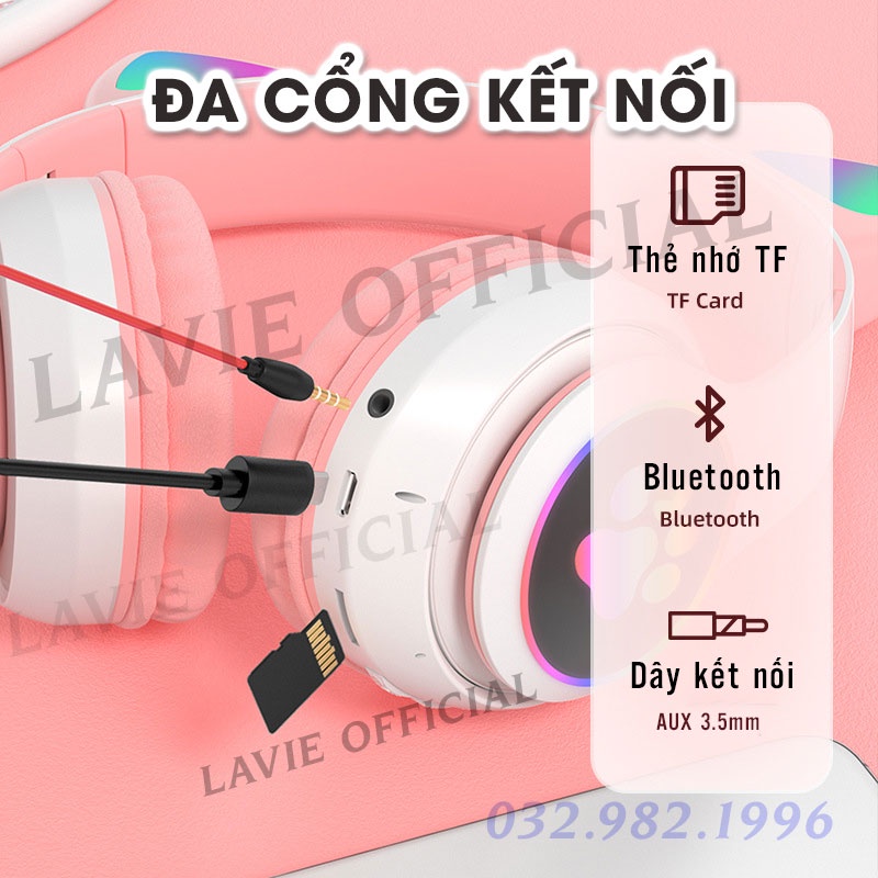 Tai Nghe Chụp Tai Mèo Bluetooth Có Mic Chơi Game, Headphone Tai Mèo Thế Hệ Mới Có Led Cao Cấp, Âm Thanh Cực Đỉnh