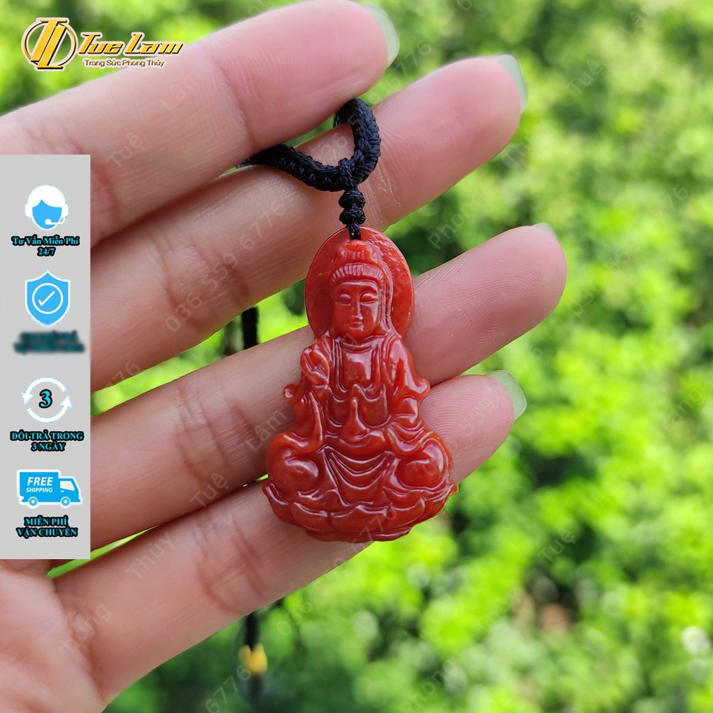 Dây chuyền nữ phật bà quan âm ngoc huyết jadeit  A đỏ cam bình an hợp mệnh hỏa mệnh thổ - Tuệ Lâm