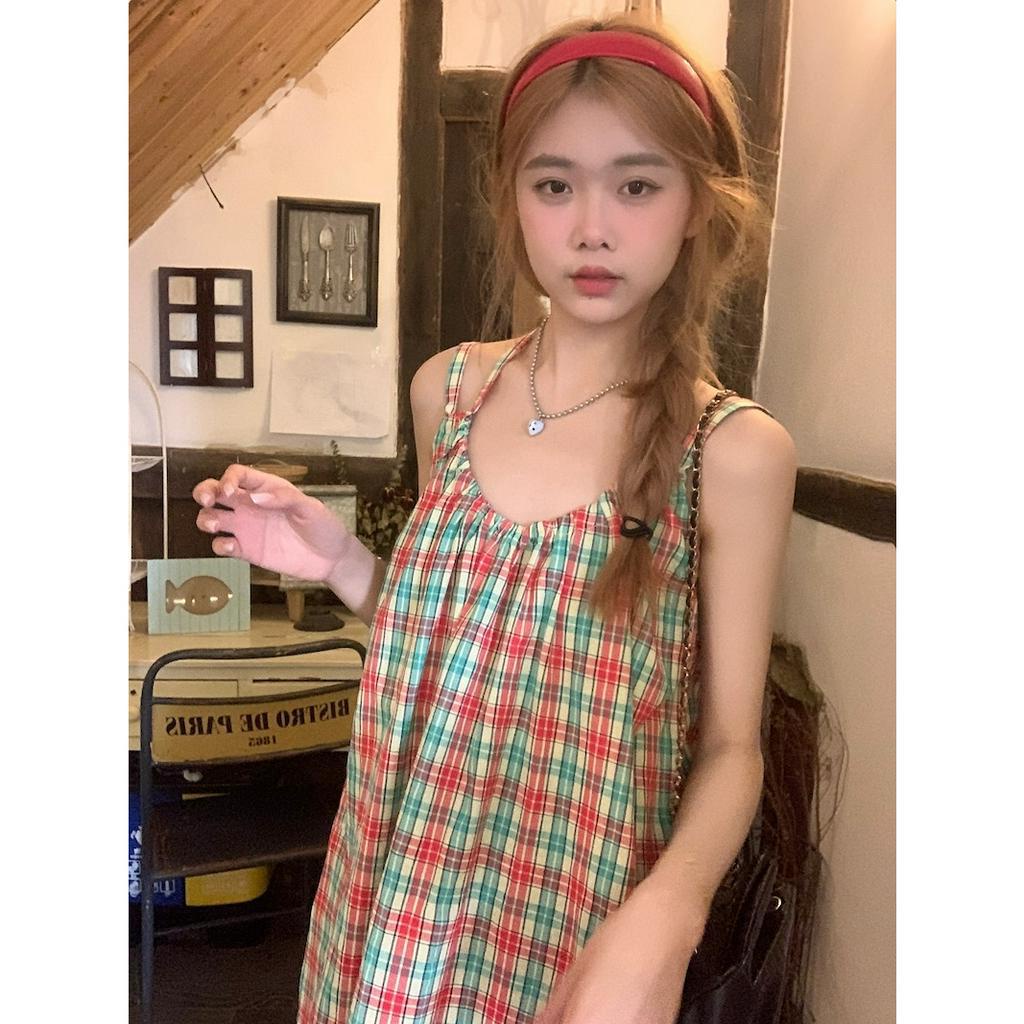 Porozi Đầm Hai Dây Hở Lưng Họa Tiết Sọc Caro Dễ Thương Phong Cách Hàn Quốc Cho Bé Gái