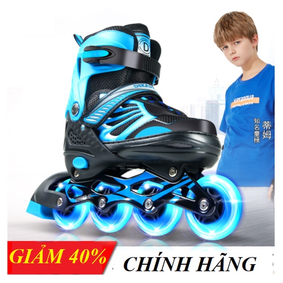 Giày Patin Dikashi trẻ em người lớn chính hãng cao cấp tặng bảo hộ, mũ, túi, Patin chỉnh size bánh phát sáng