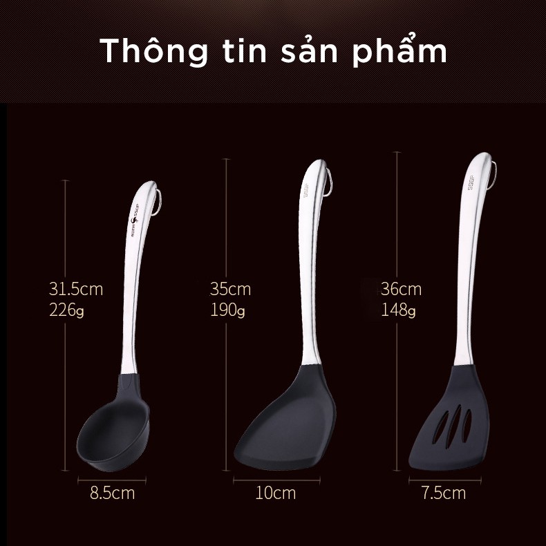 Muôi múc canh xẻng nấu ăn inox 304 cao cấp Silicone chống dính chống xước nồi chảo an toàn HADU