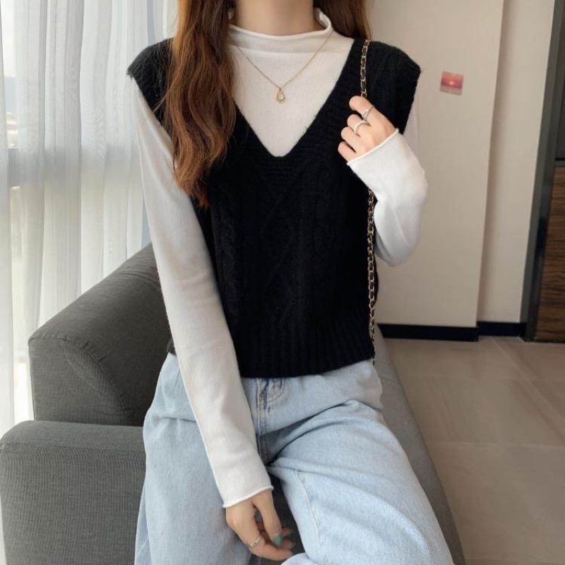 Áo Gile Len đan Nữ Màu trơn Ulzzang Thu Đông Hàn Quốc Áo Gile Nữ Len Cổ tim Thời trang