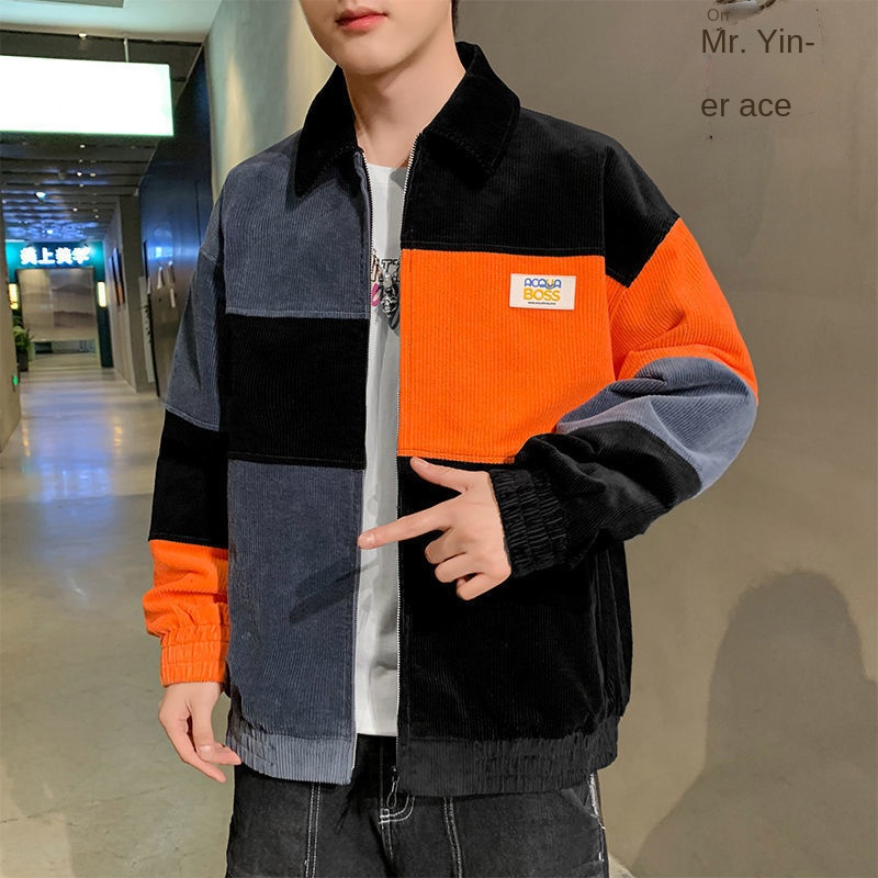 Áo Khoác Nhung Dáng Rộng Cỡ Lớn Phối Màu Sắc Tương Phản Kiểu Hàn Quốc Thời Trang Xuân Thu Cho Nam