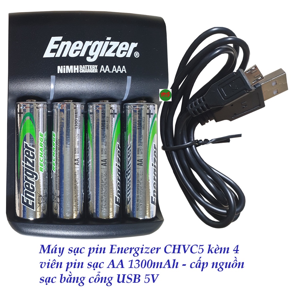 Máy Sạc Pin AA- AAA ENERGIZER CHVC5 kèm 4 viên pin sạc AA 1.2V 1300 mAh - cấp nguồn sạc bằng USB 5V