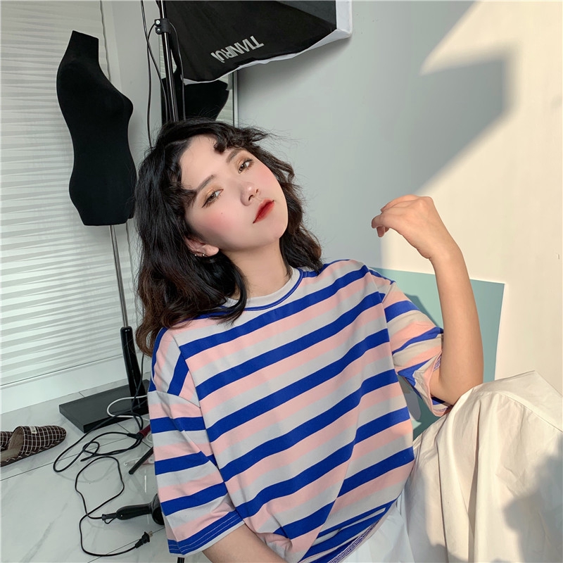 FREESHIP ĐƠN 99K_ Stripe T-shirt Korean Ulzzang Loose Casual Tee Short Sleeve Retro Tops Women