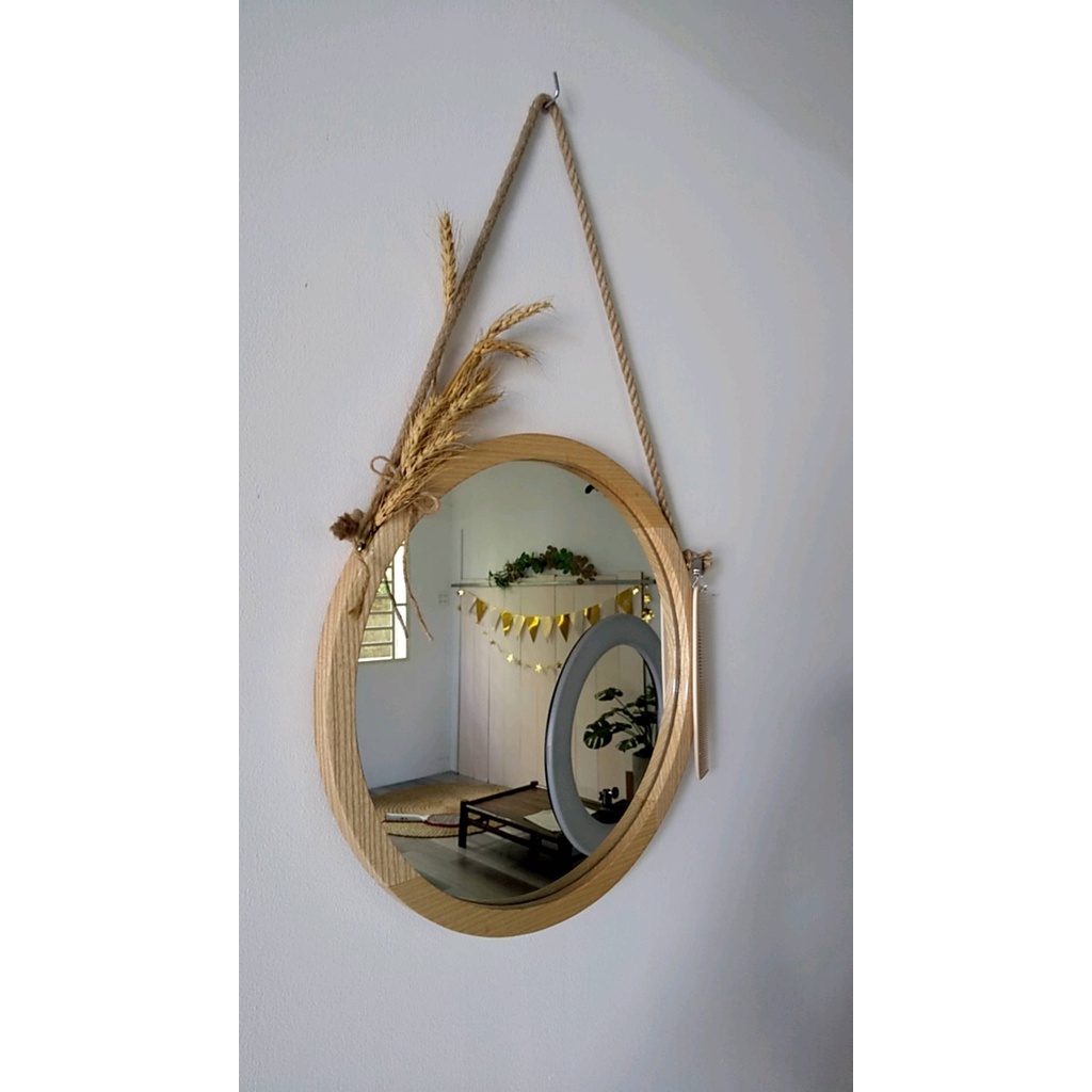 Gương tròn decor ,gương viền gỗ treo tường dây thừng tặng full phụ kiện đường kính 40cm MIRRORTOCTOC KGR01
