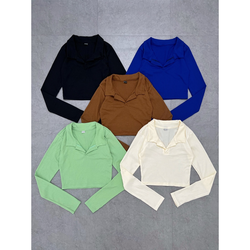 Áo croptop nữ polo basic tay dài trơn co giãn I Hhvintage