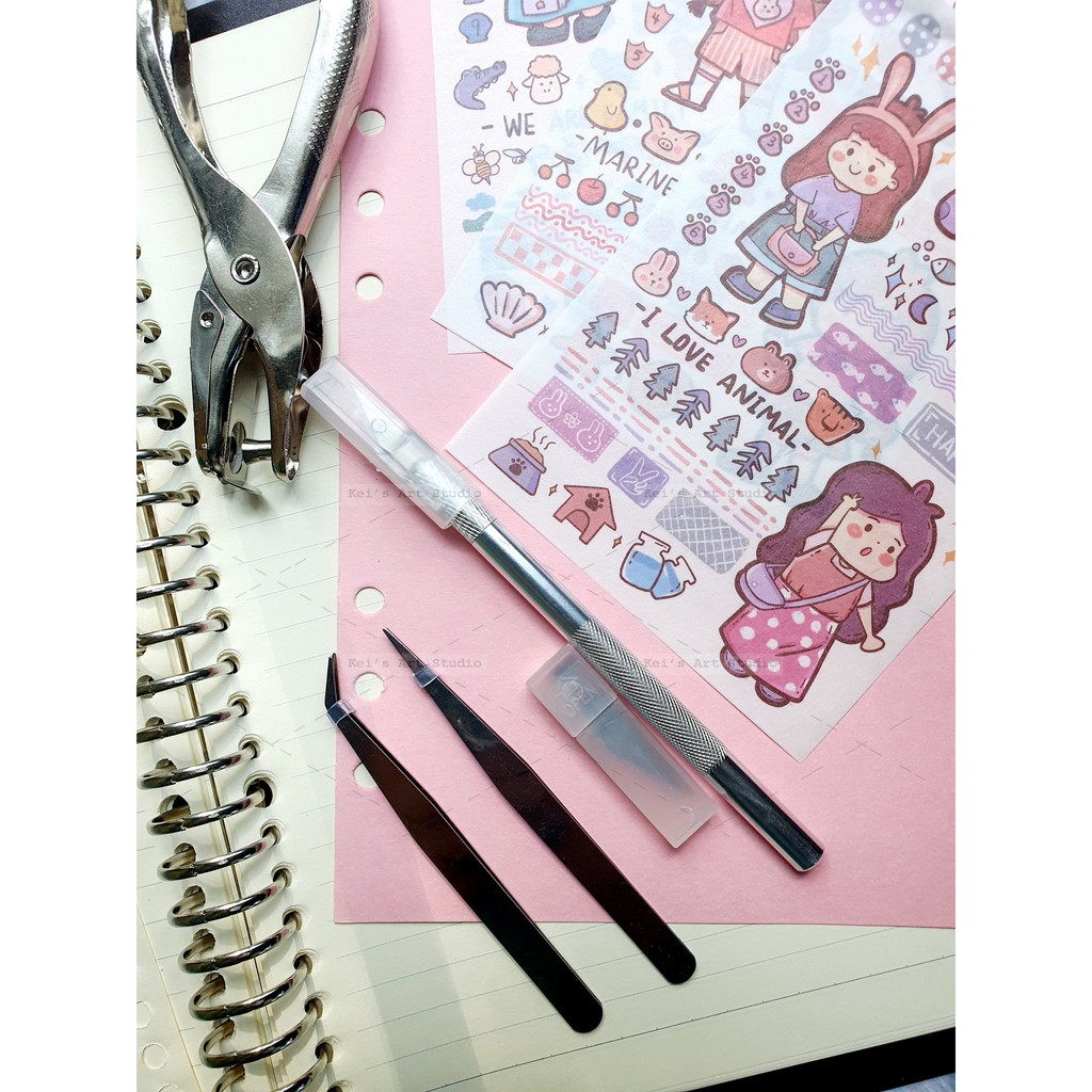 Combo dao rọc tỉa sticker / washi + nhíp + đồ bấm giấy dụng cụ làm bullet journal