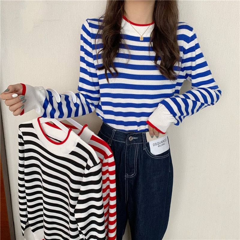 Áo Dệt Kim Dáng Rộng Kẻ Sọc Kiểu Hàn Quốc Thời Trang Mùa Thu Cho Nữ