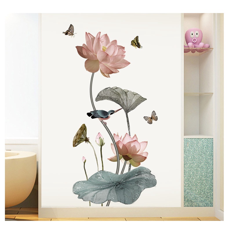 Decal dán tường trang trí - Sen hồng lá xanh cùng chim sẻ và bướm xanh cao cấp