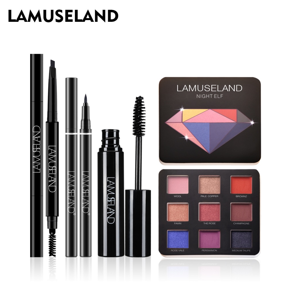 Set 4 mỹ phẩm LAMUSELAND LAS207-209 gồm mascara + bút kẻ mắt + bút kẻ mày + bảng phấn mắt