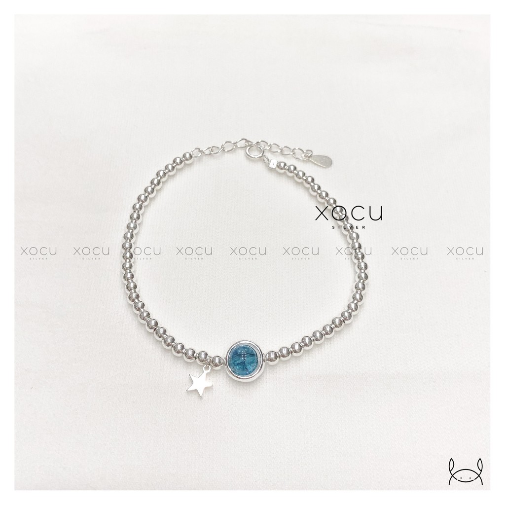 Lắc Tay Bạc, Dây Bi Tròn, Mặt Đá Xanh Xoay, Ocean Bracelets, Xocu