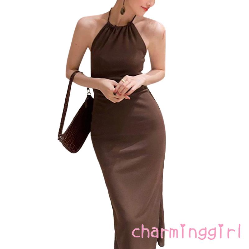 Đầm dài không tay hở lưng màu trơn quyến rũ dành cho nữ