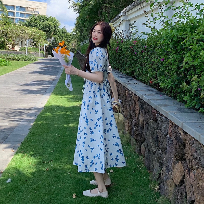 Đầm Hoa Tay Ngắn Cổ Chữ V Thời Trang Hàn Quốc Cho Nữ