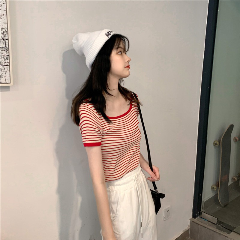 Áo Thun Dệt Kim Ngắn Tay Cổ Vuông Kẻ Sọc Cá Tính Thời Trang