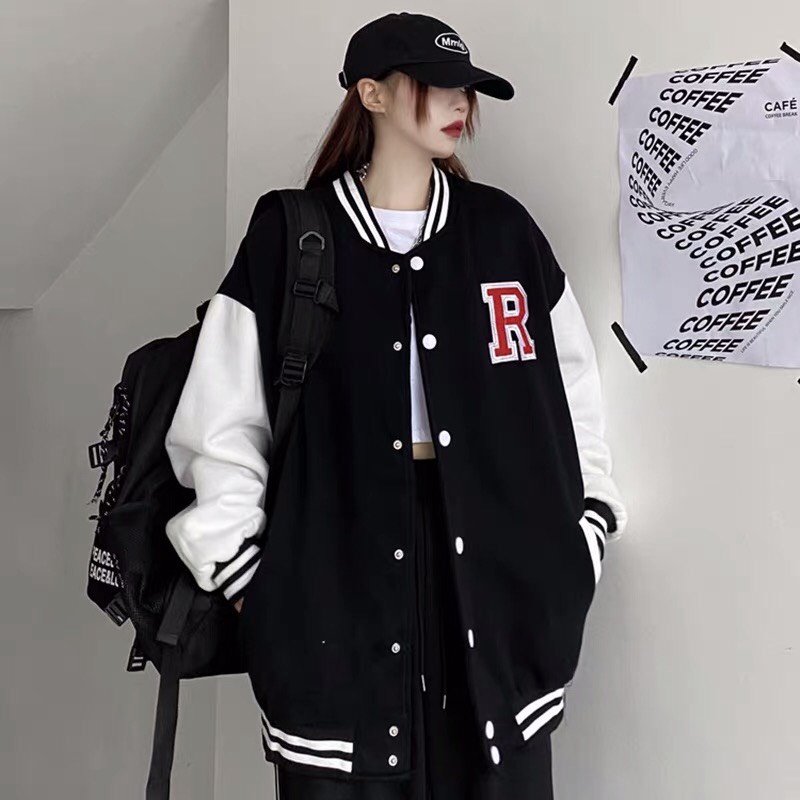 Áo Bomber nữ 𝗙𝗥𝗘𝗘𝗦𝗛𝗜𝗣  Áo khoác bomber vải nỉ bóng chày CHỮ R  unisex chính hãng hàn quốc varsity cao cấp giá rẻ.