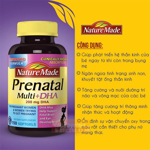 Viên Uống BÀ BẦU Nature Made – Prenatal Multi +DHA 150 Viên- bổ sung vitamin tổng hợp cho phụ nữ mang thai