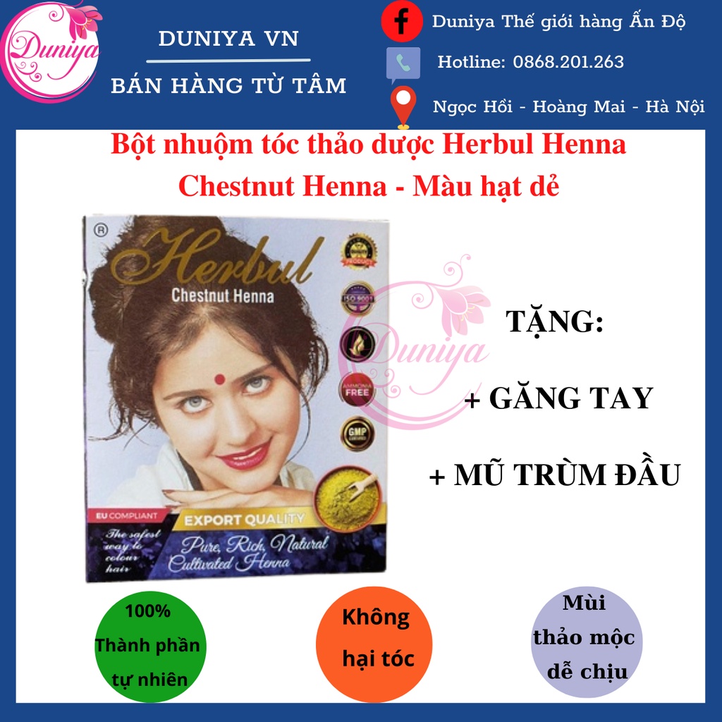 Bột nhuộm tóc thảo dược Herbul Henna - Màu Hạt Dẻ Chestnut [TẶNG GĂNG TAY + MŨ TRÙM ĐẦU]