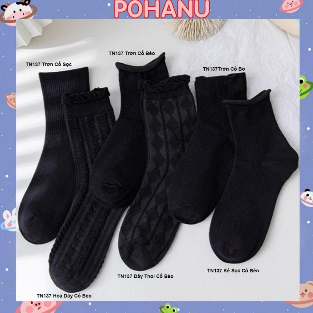 Vớ tất nữ đen trơn cổ cao Pohanu cotton co giãn phong cách Hàn Quốc vintage TN137