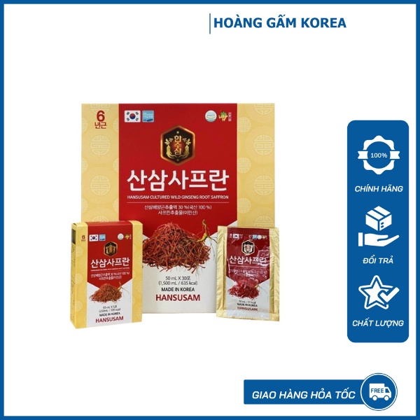Nước Hồng Sâm Núi Nhụy Hoa Nghệ Tây Saffron Hansusam Hàn Quốc, Hộp 30 Gói * 50ml, Đẹp Da, Ngừa Lão Hóa - hoanggamkorea