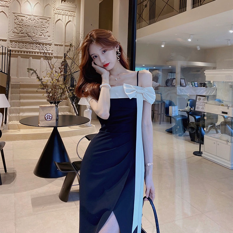 Đầm Midi Hai Dây Cổ Chữ V Eo Cao Màu Đen Phong Cách Pháp Thời Trang Mùa Hè Dành Cho Nữ