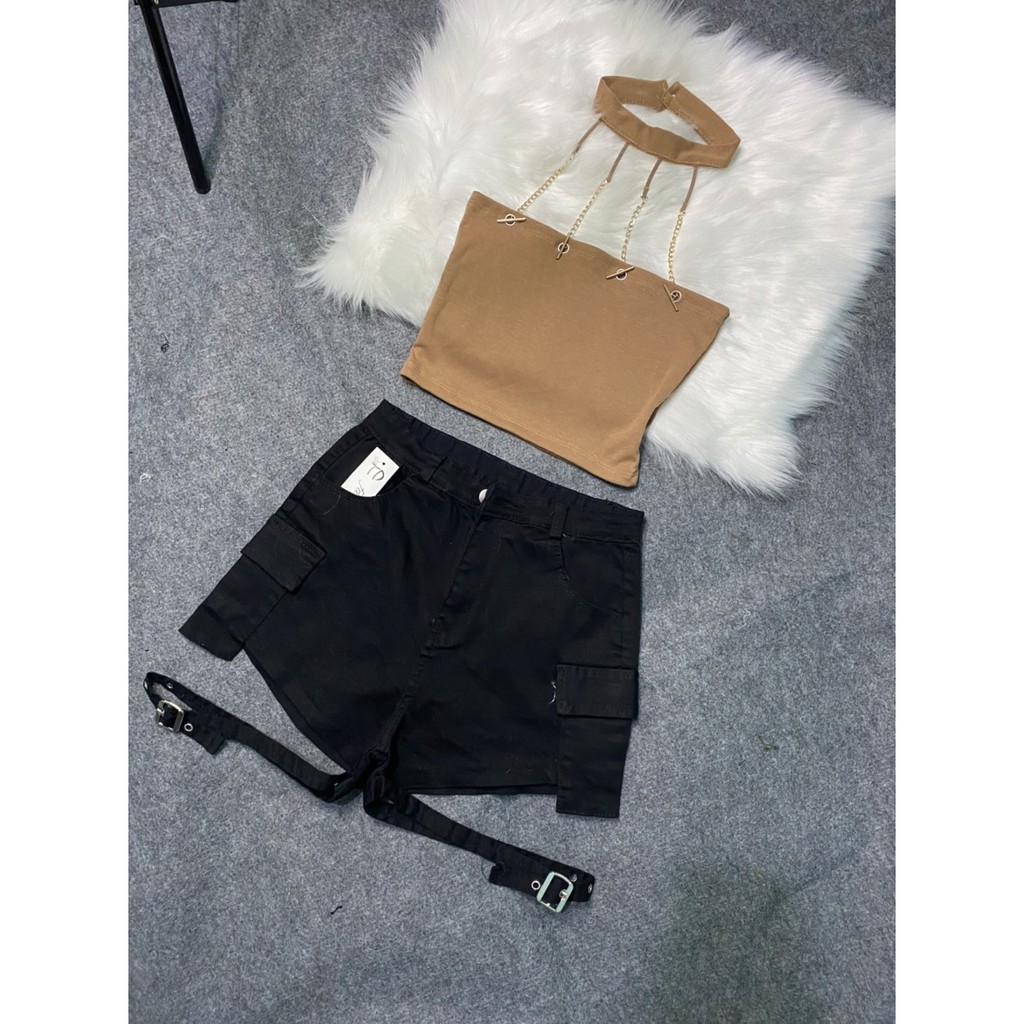Set áo yếm choker dây xích quần short kaki đính khoen rời siêu hot - set đồ phối sẵn
