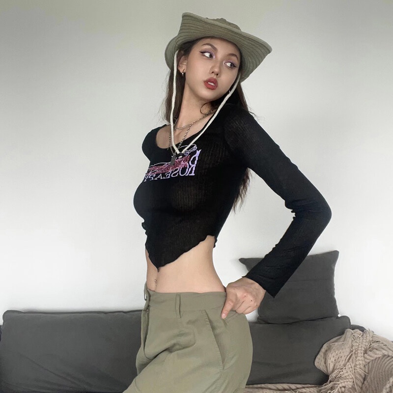Áo croptop KLIOU tay dài cổ tròn in chữ thời trang cho nữ