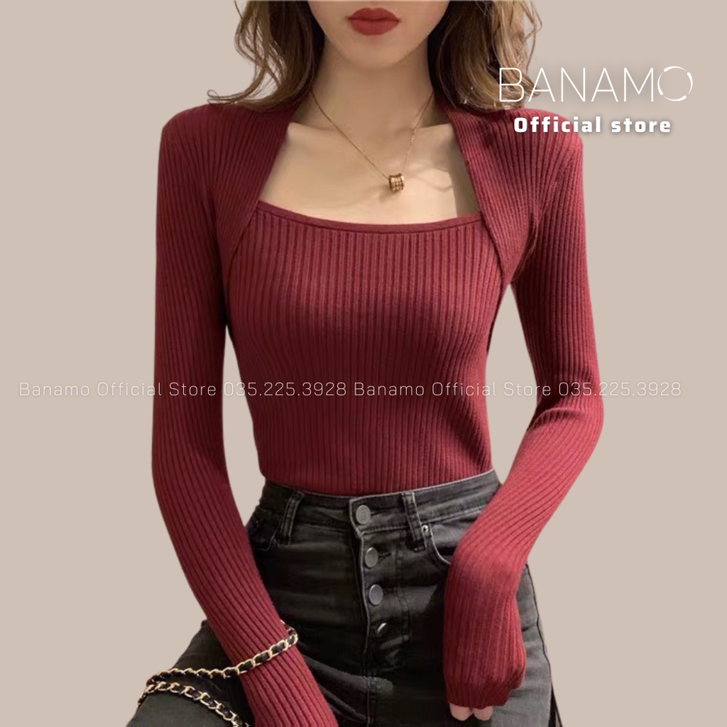 Áo len tăm cổ vuông thời trang Banamo Fashion áo len dệt kim dài tay 3429
