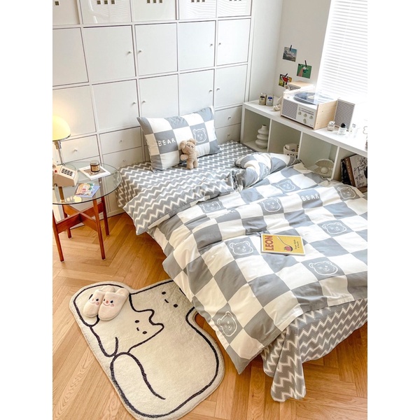 Bộ chăn ga giường Cotton 100% gấu ô vuông xám Suhali, 100% Cotton thoáng mát thấm hút mồ hôi