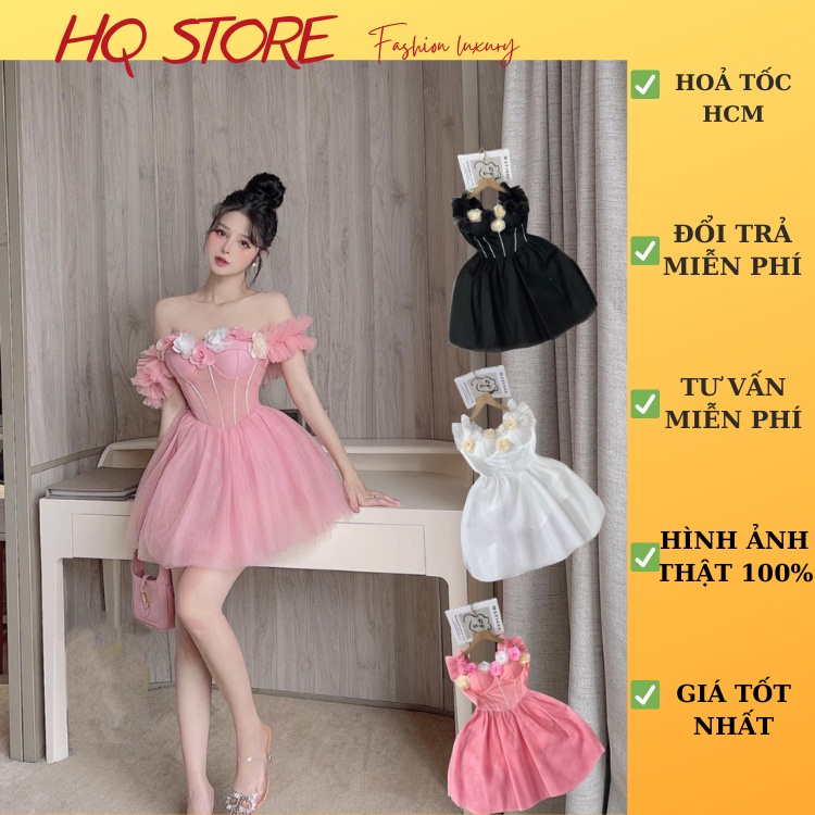 Đầm Dự Tiệc Lưới Đính Bông Hoa, Váy Xoè Bồng Bẹt Vai Có Lót Trong Và Mút Kèm Hình Thật - Maxi HQ store