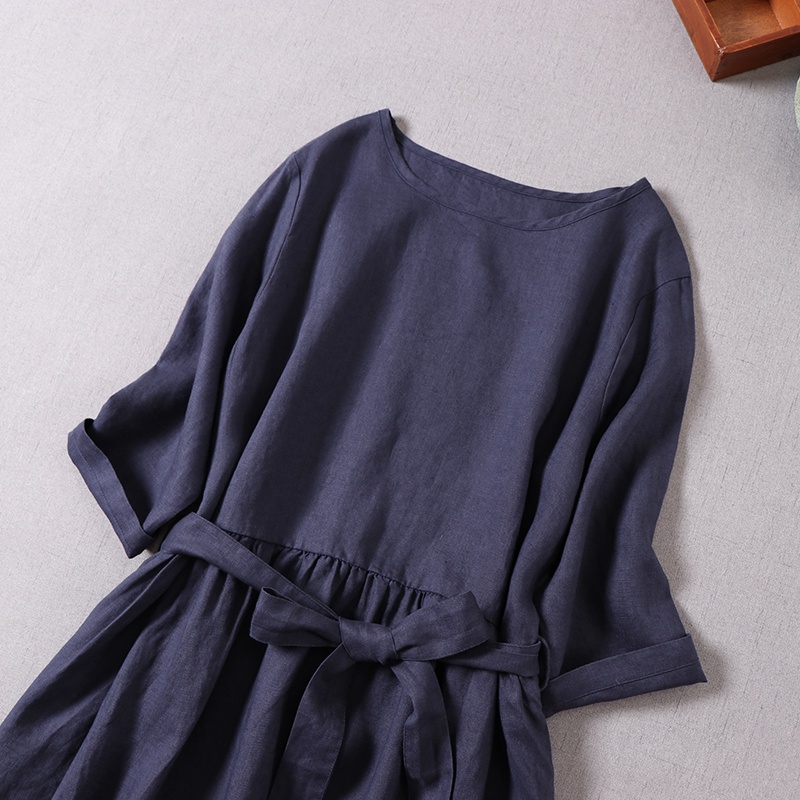 Đầm suông linen dáng chữ A cổ tròn tay lỡ xanh than, chất đũi mềm mát, thời trang phong cách Hàn Quốc