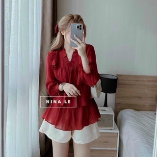 Sét bộ nữ áo lụa tay dài tầng xinh xắn phối quần đùi xinh