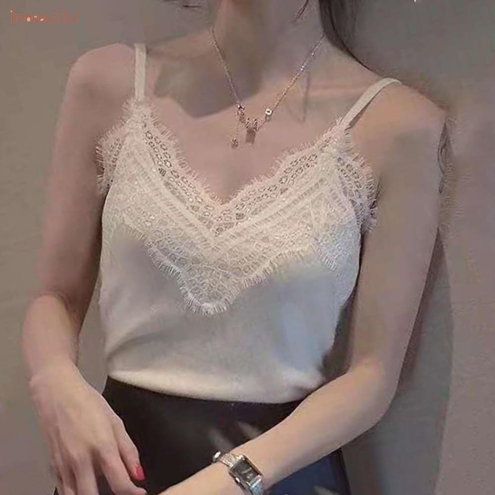 Women Casual Lace sling feminine halter bottoming shirt sleeveless top stretch knit | BigBuy360 - bigbuy360.vn